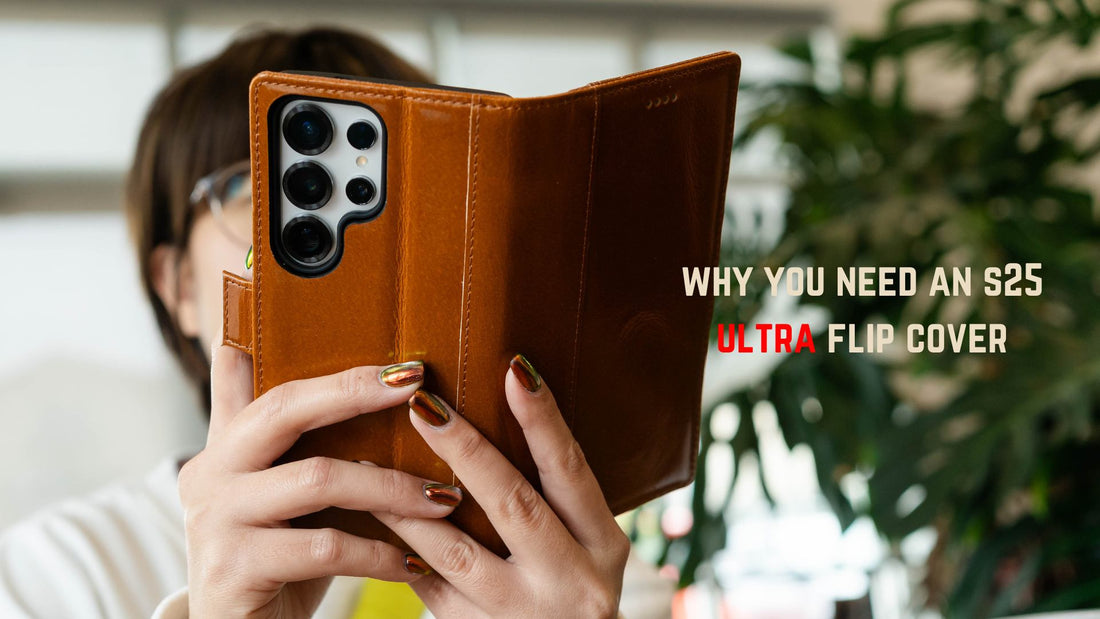 brown full-grain leather samsung Galaxy S25 Ultra flip cover, pretty nails, short-haired woman holding phone