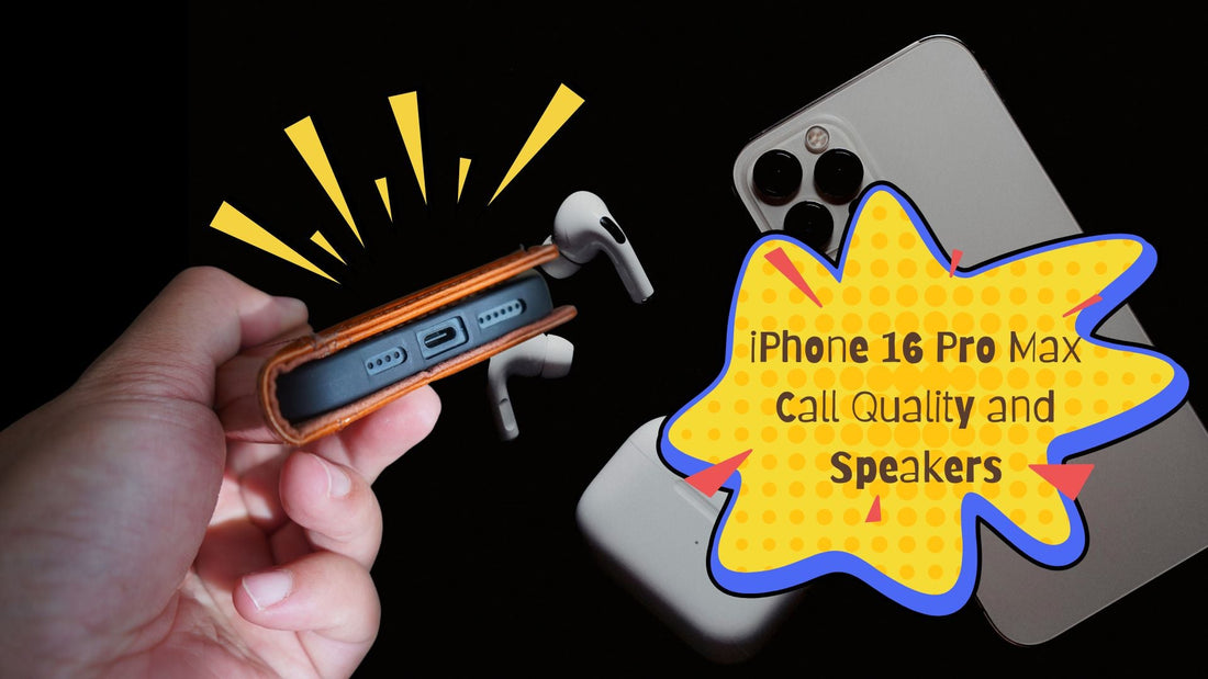 cartoon graphic photo edit showing the iPhone 16 Pro max call speakers and a brown leather wallet case