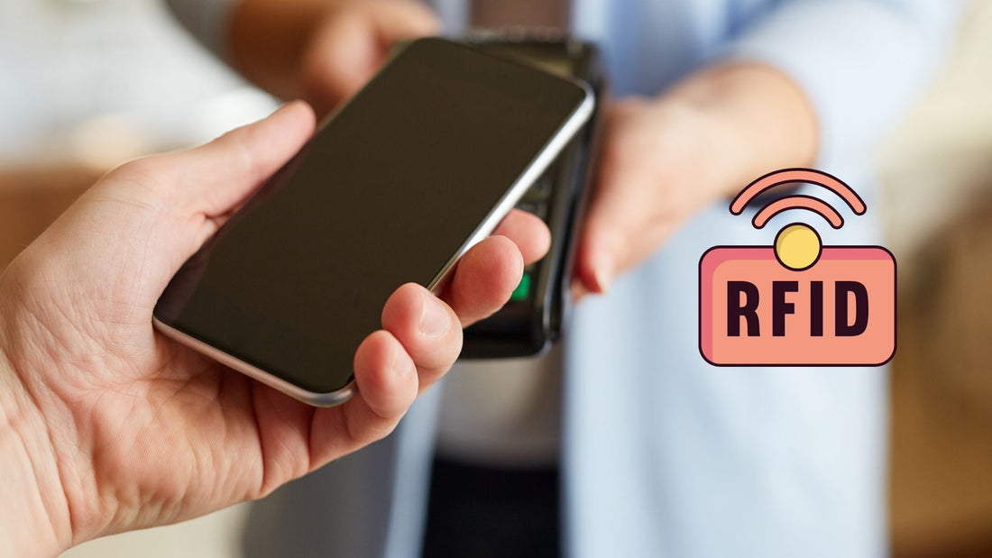 Close up photo of phone near an RFID payment device