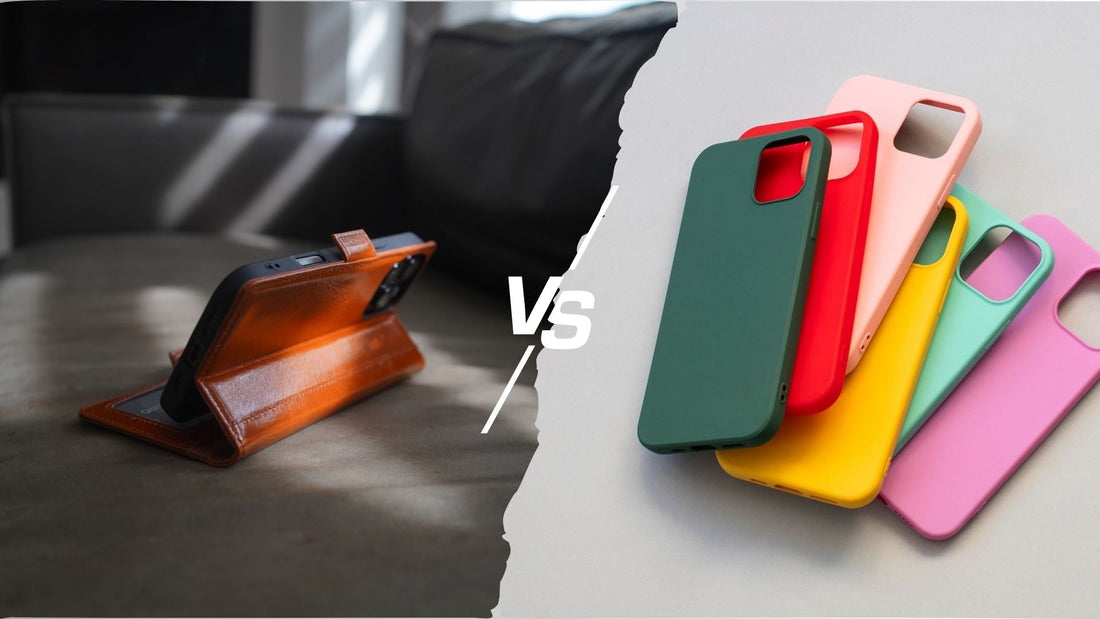 collage photo of leather phone case and silicone phone case being compared