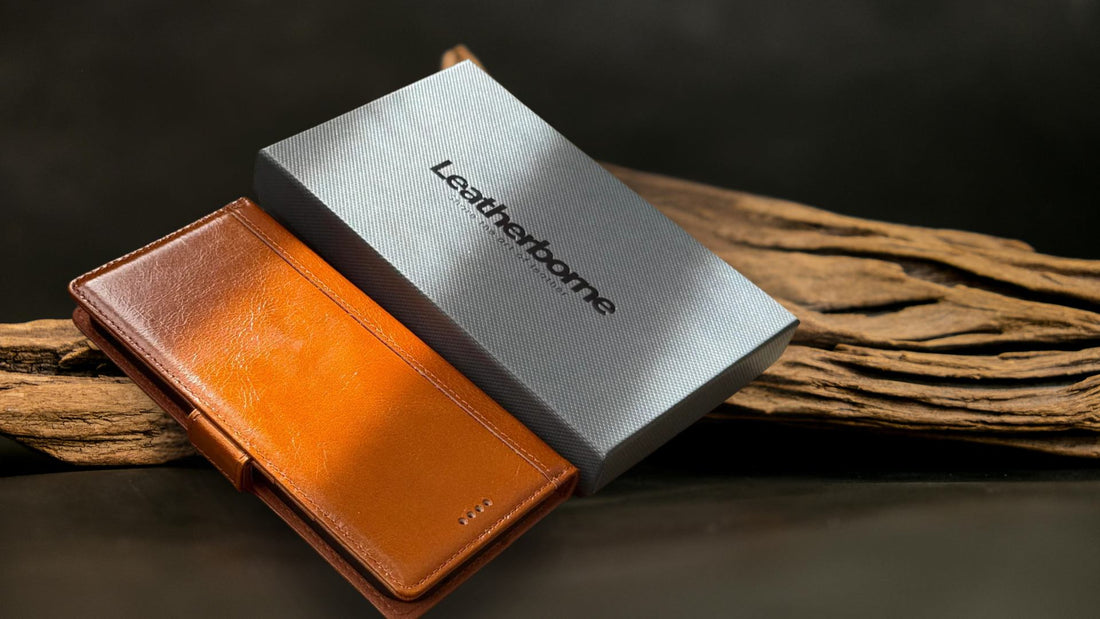 Leatherborne wallet case with box wooden background