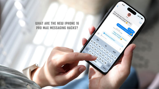 close up photo of hands holding iPhone with words What Are the New iPhone 16 Pro Max Messaging Hacks?