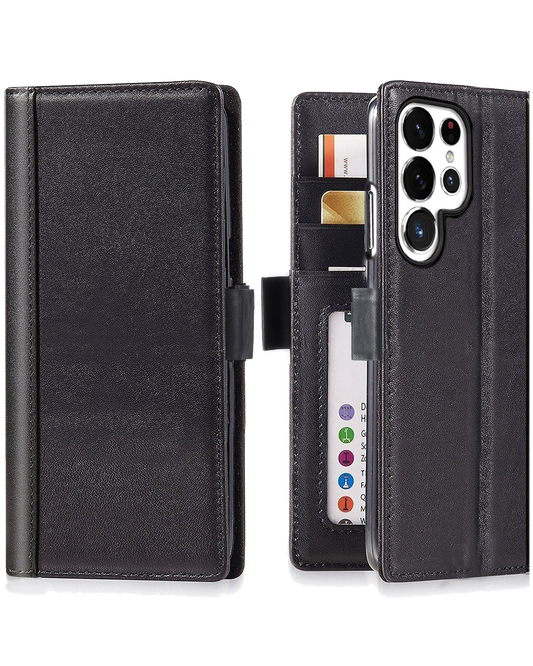 Open brown leather wallet galaxy s25 ultra phone case showing card slots and a phone partially inserted. The phone has a triple-lens camera setup.