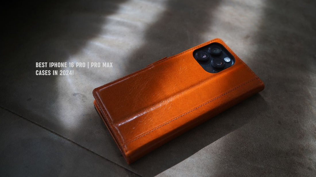 close up photo of iPhone 16 pro max genuine leather case with wallet and pockets