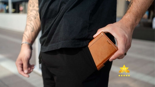 man in black with iPhone 16 pro leather phone case in pocket -best leather cases in 2024 concept