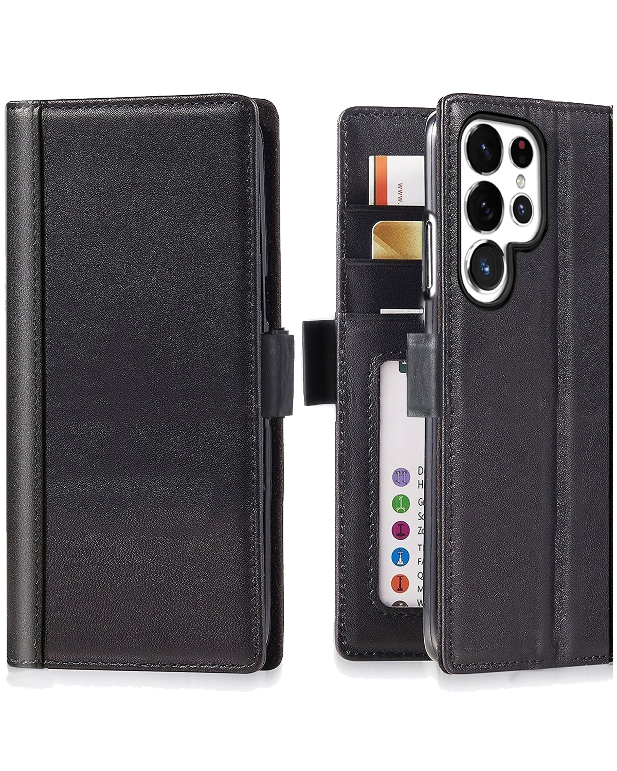 Open brown leather wallet galaxy s25 ultra phone case showing card slots and a phone partially inserted. The phone has a triple-lens camera setup.