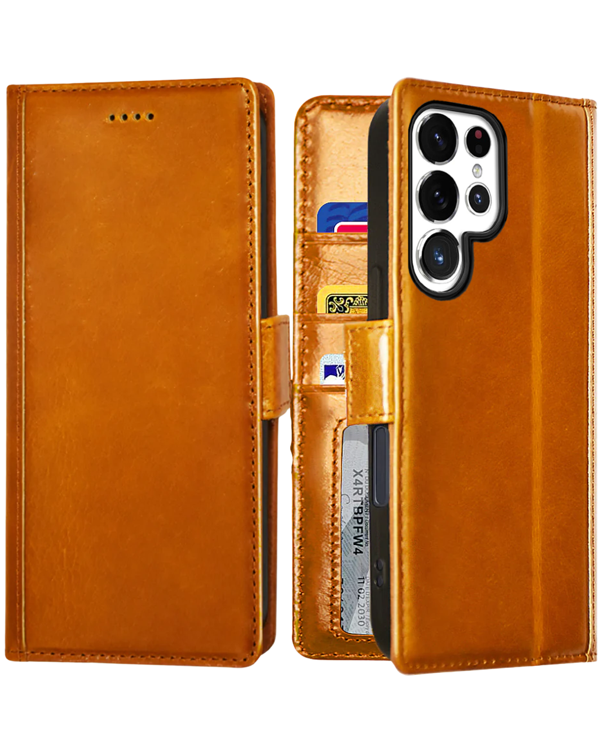 Brown leather wallet case for Samsung Galaxy S25 Ultra, open to show card slots.