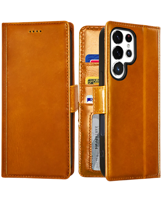 Brown leather wallet case for Samsung Galaxy S25 Ultra, open to show card slots.