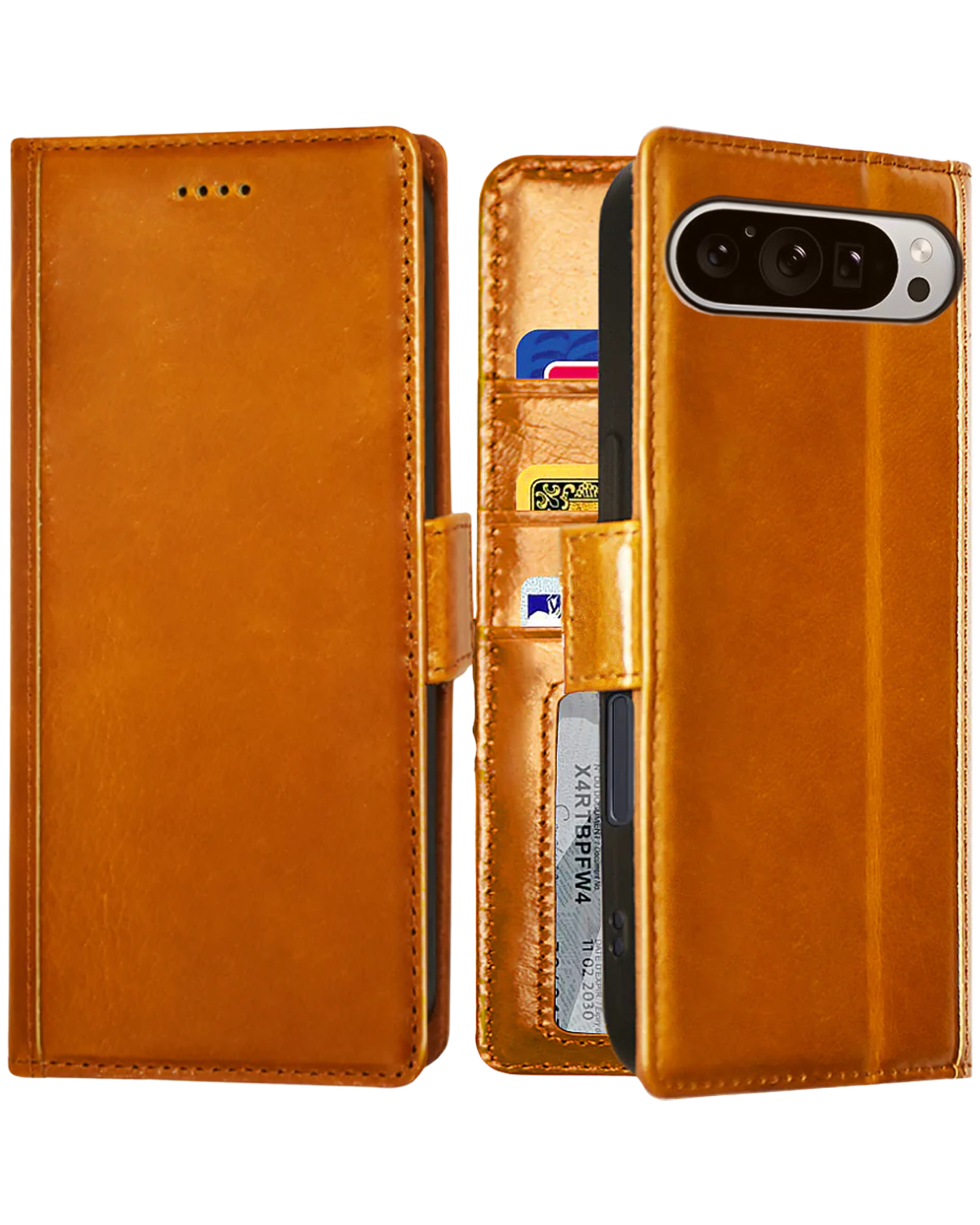 Google Pixel 9 Pro XL Flip Wallet Case | Full Grain Leather | Card Slots and Pickets - Cognac