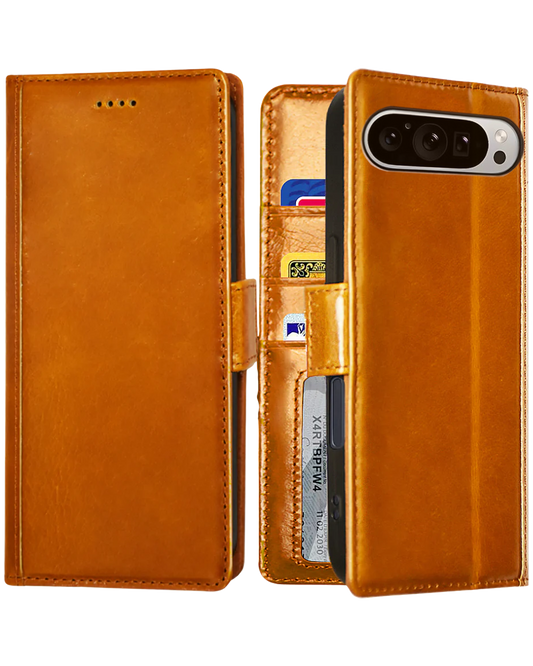 Google Pixel 9 Pro XL Flip Wallet Case | Full Grain Leather | Card Slots and Pickets - Cognac