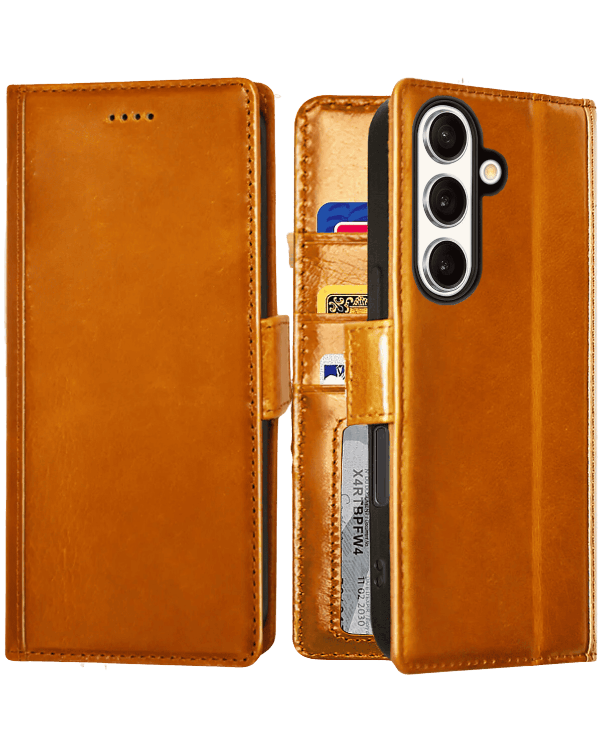 Brown leather wallet galaxy s25  phone case featuring multiple card slots, a cash pocket (partially visible), and a magnetic closure stra