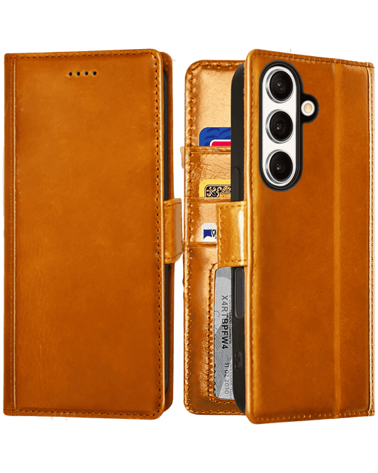 Brown leather wallet galaxy s25  phone case featuring multiple card slots, a cash pocket (partially visible), and a magnetic closure stra