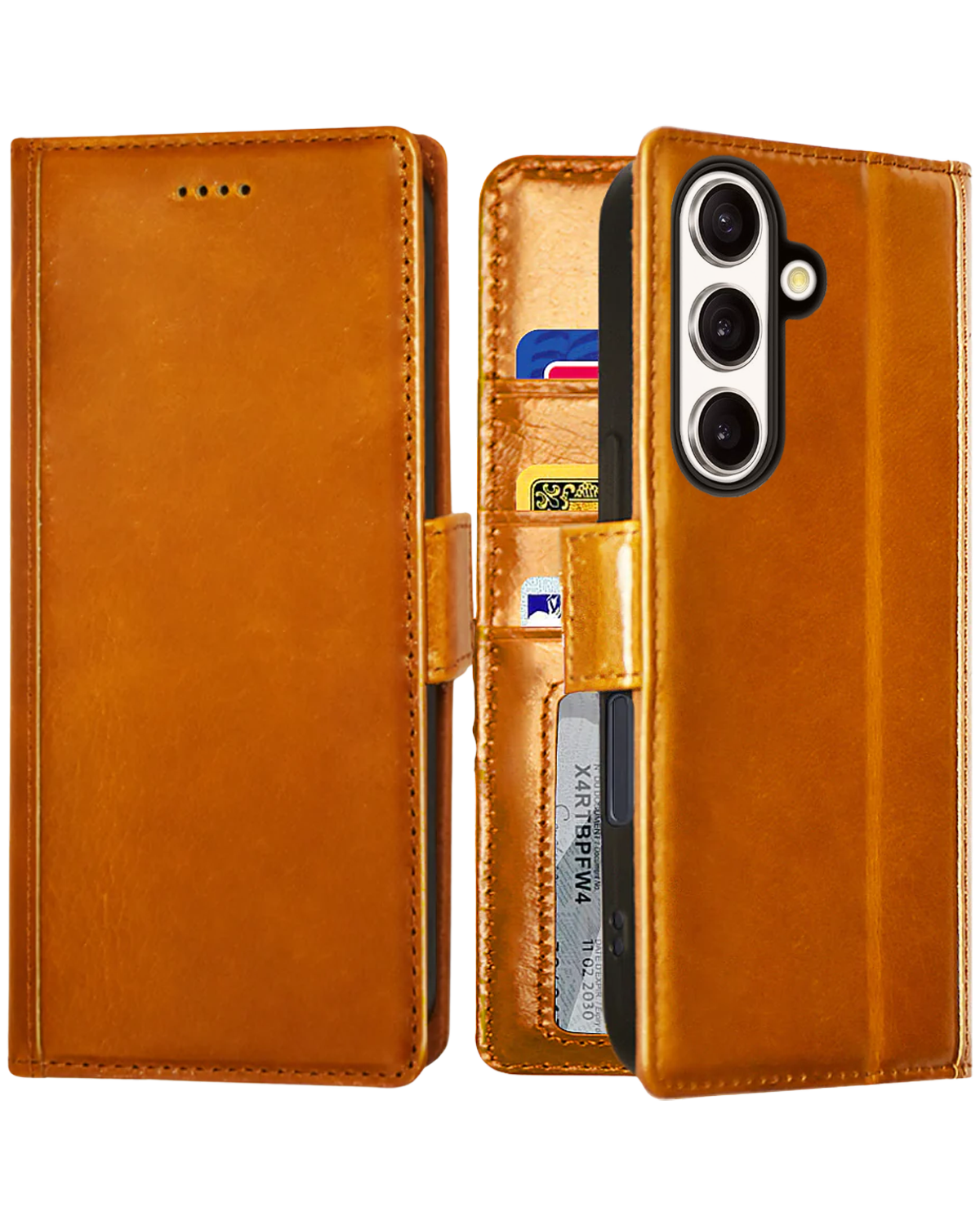 A brown, genuine leather wallet case for a Samsung Galaxy S25+Plus. The case is shown open, revealing slots for credit cards and ID. The phone is visible in the fitted portion of the case.