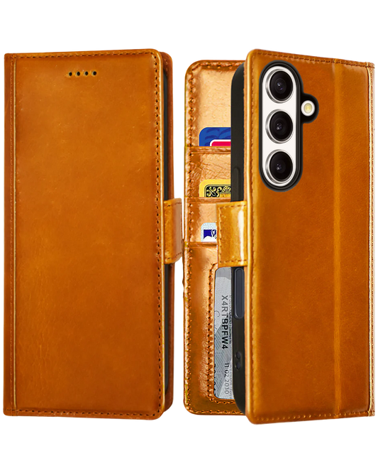 A brown, genuine leather wallet case for a Samsung Galaxy S25+Plus. The case is shown open, revealing slots for credit cards and ID. The phone is visible in the fitted portion of the case.