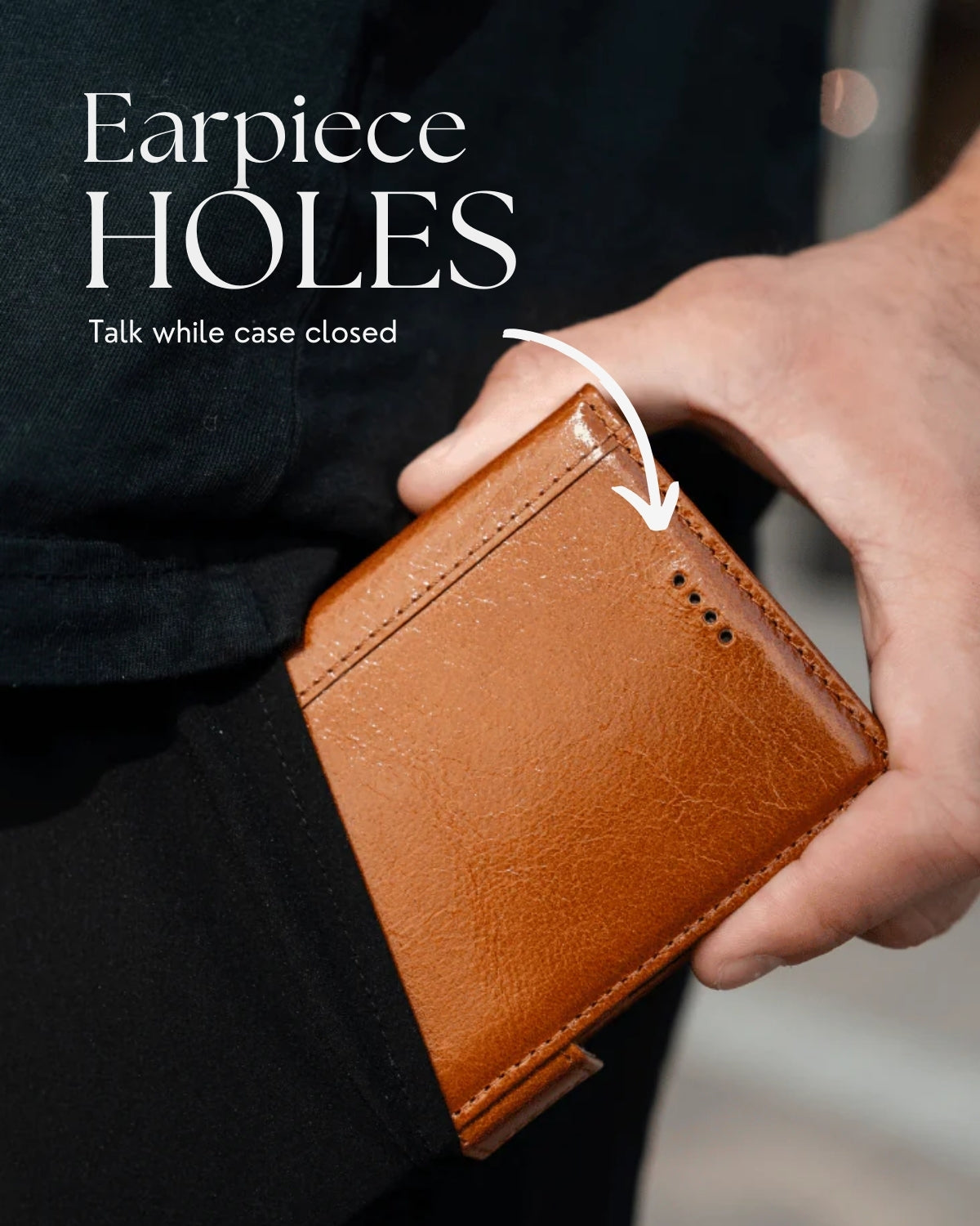 A person holding a genuine leather Google Pixel 9 Pro XL wallet case partially placed in their pocket, showcasing the earpiece holes for talking with the case closed
