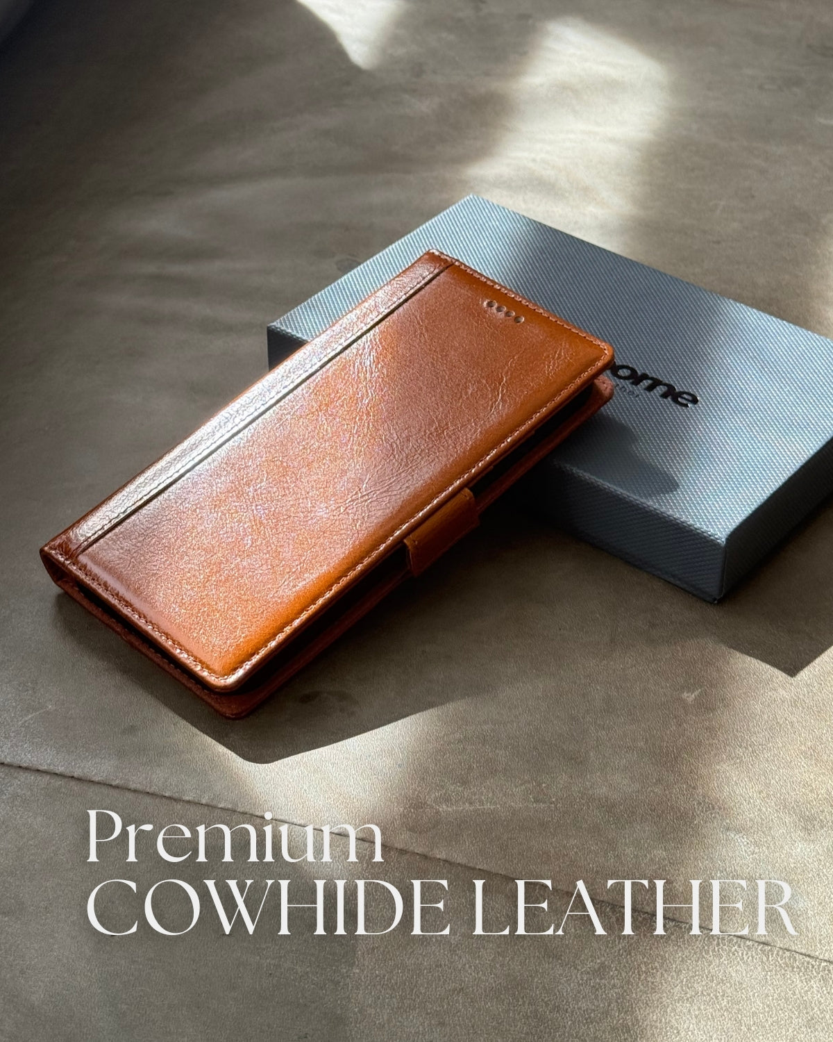 Premium genuine cowhide leather Google Pixel 9 Pro XL folio wallet case displayed on a surface with natural light, next to its sleek packaging.