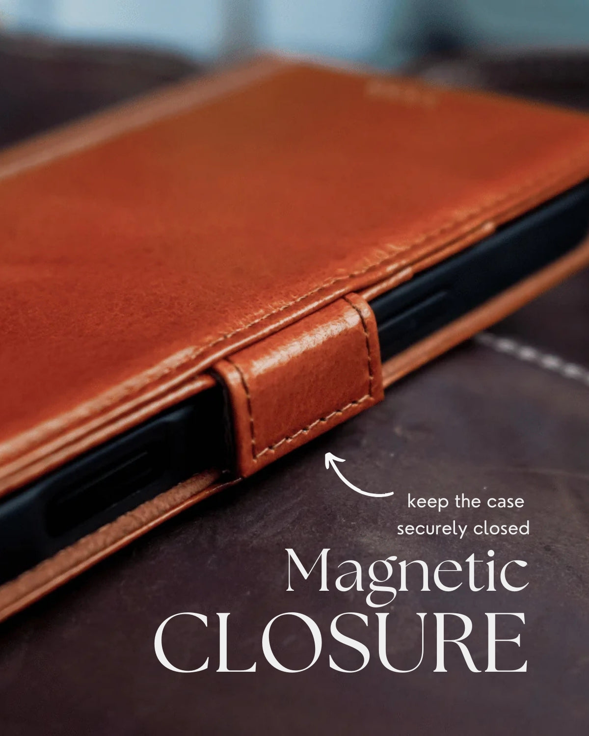 Close-up of a genuine leather Samsung Galaxy S25 wallet case in a book-style folio design, highlighting the magnetic closure feature that keeps the case securely closed.