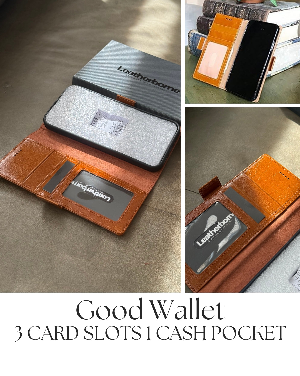 A brown Leatherborne wallet case for a samsung galaxy s25 plus, open to reveal three card slots and a cash pocket. The case is shown with its packaging and also with a phone inside