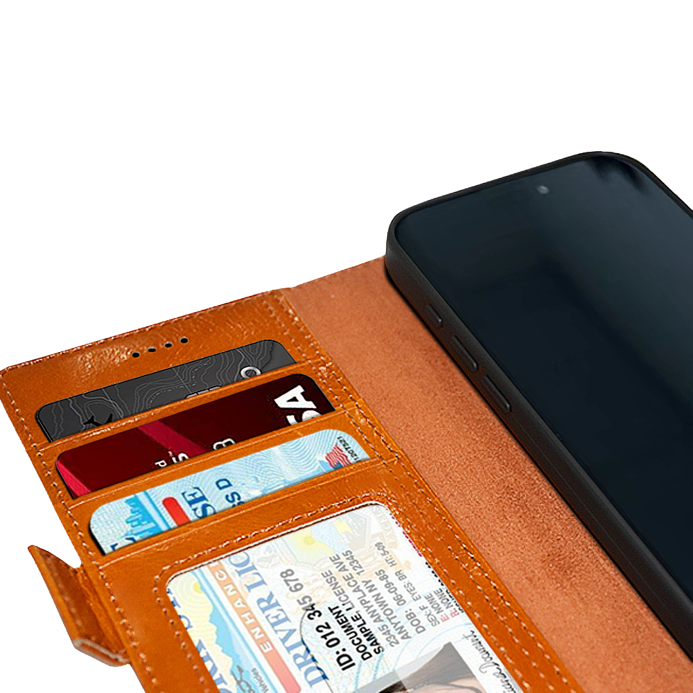 Inside view of the iPhone 16 Pro full-grain leather wallet case, featuring 2 card slots, 1 ID window, and 1 cash pocket.