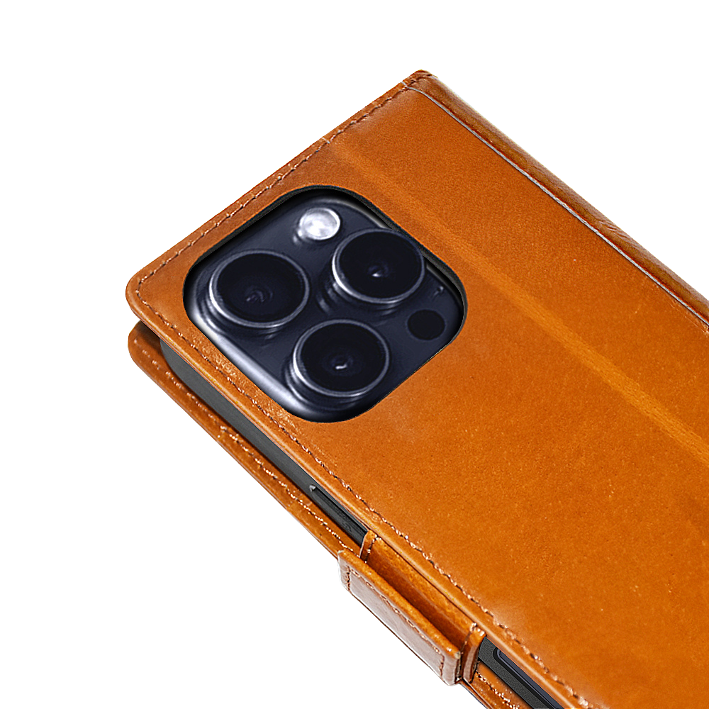  Close-up of the back of a genuine leather iPhone 16 Pro wallet case.