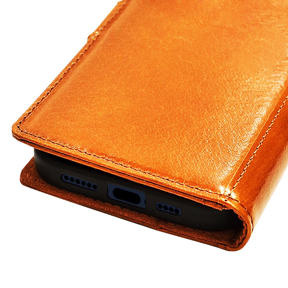 Close-up shot of the bottom of the iPhone 16 Pro genuine leather case.