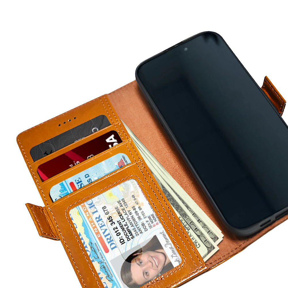 Inside view of the iPhone 16 Pro full-grain leather wallet case, featuring 2 card slots, 1 ID window, and 1 cash pocket.