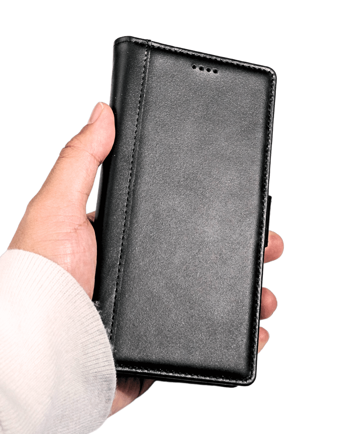 a hand holding the samsung galaxy s25 ultra leather flip cover