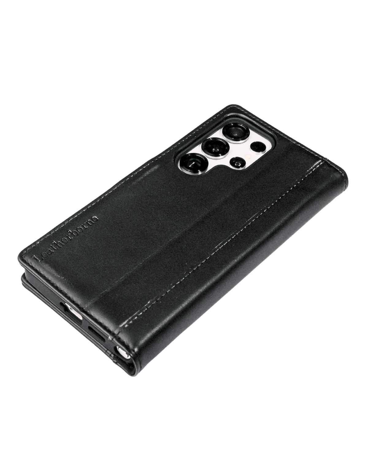 a black s25 ultra leather wallet case with phone inside laying on the table
